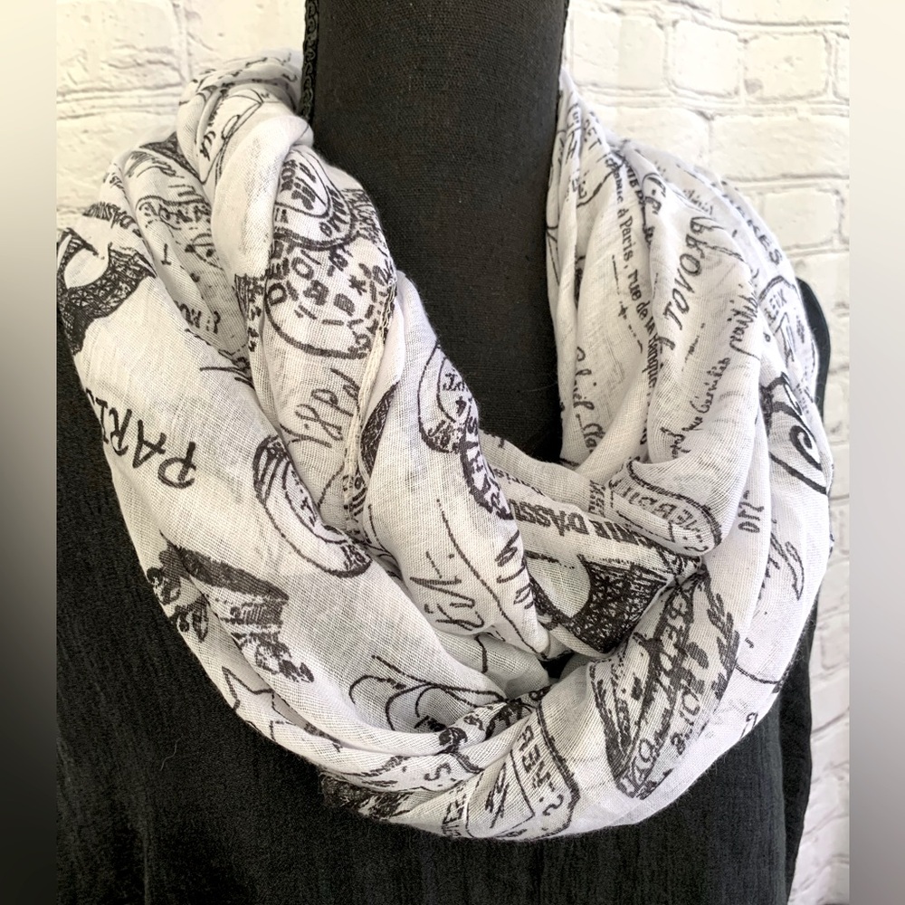 Paris France Design Black and White Infinity Scarf 100% Viscose